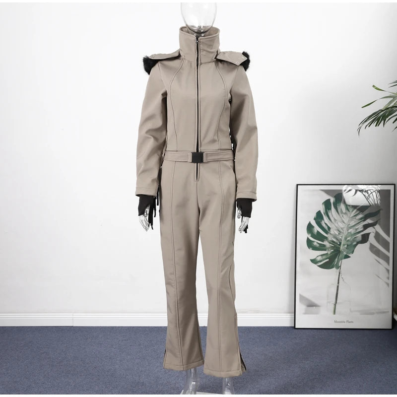 Women  Fur Collar Hooded Skiwear Fashion Solid Thicken Zipper High Waist Slim Outdoor Overalls Jumpsuit  Lady Winter Outwear