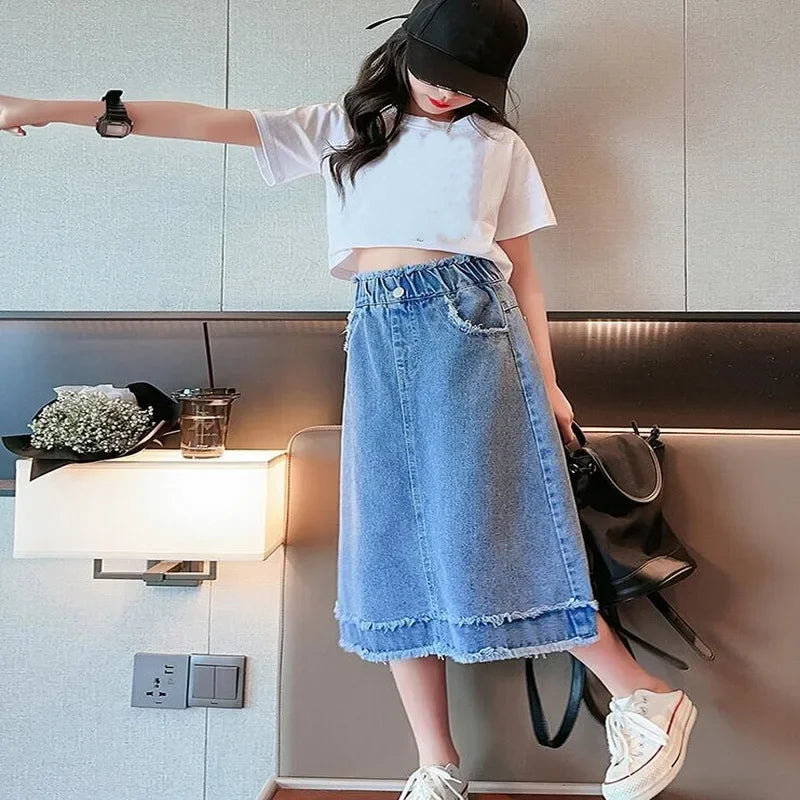 School Girls Denim Skirt Spring Summer New 2025 Casual Skirt for Children Fashion Teenage Kids Skirt 9 13 14 Years