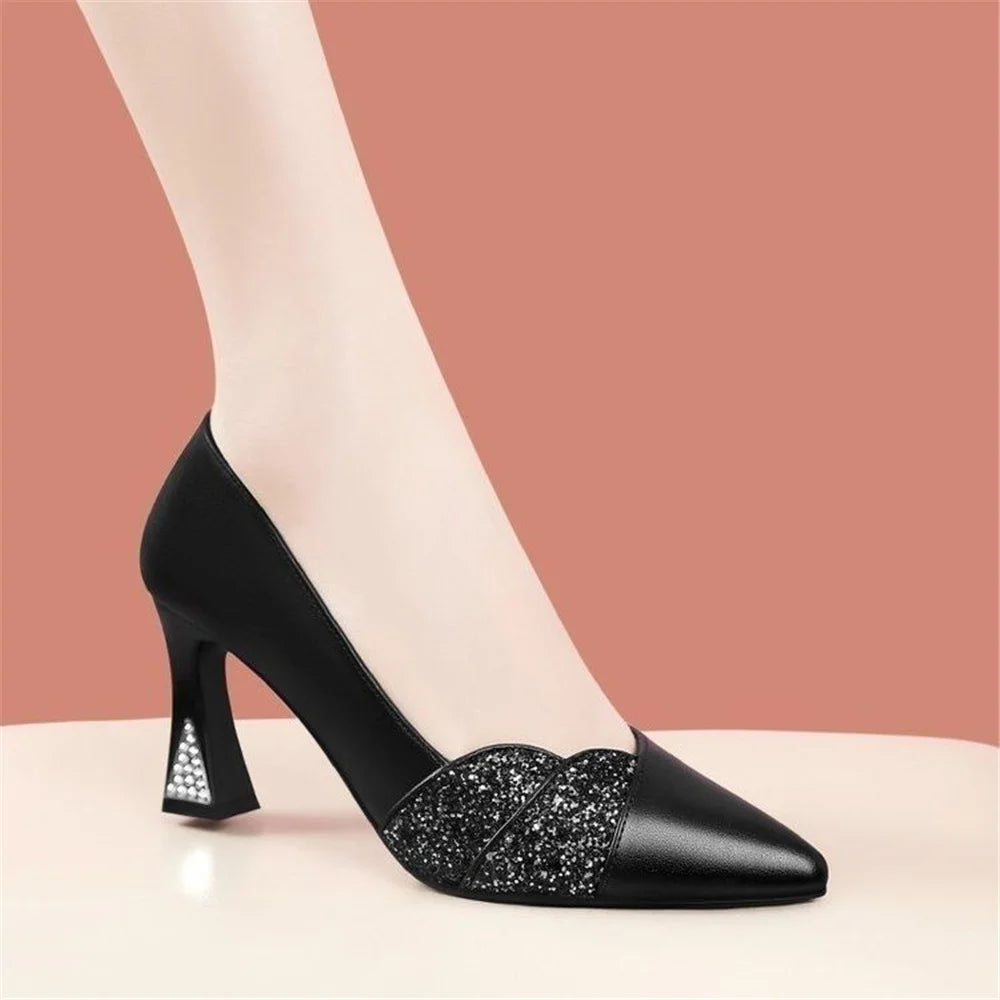 zapatos de mujer women fashion round toe elegant black plaid pattern slip on square heel shoes lady career office pumps ha12
