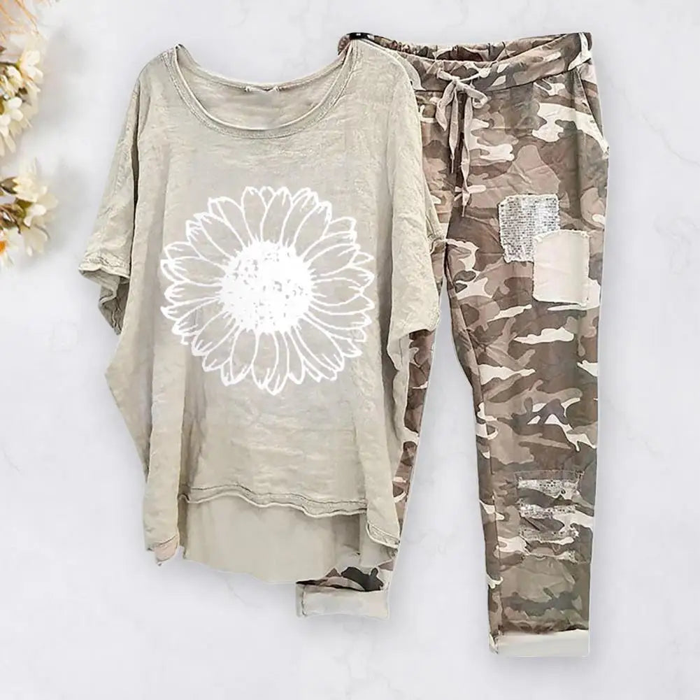Trendy Women T-shirt Pants Set Half Sleeves Two Piece Suit Women Summer Outfit Plus Size Elastic Waist Sports Outfit