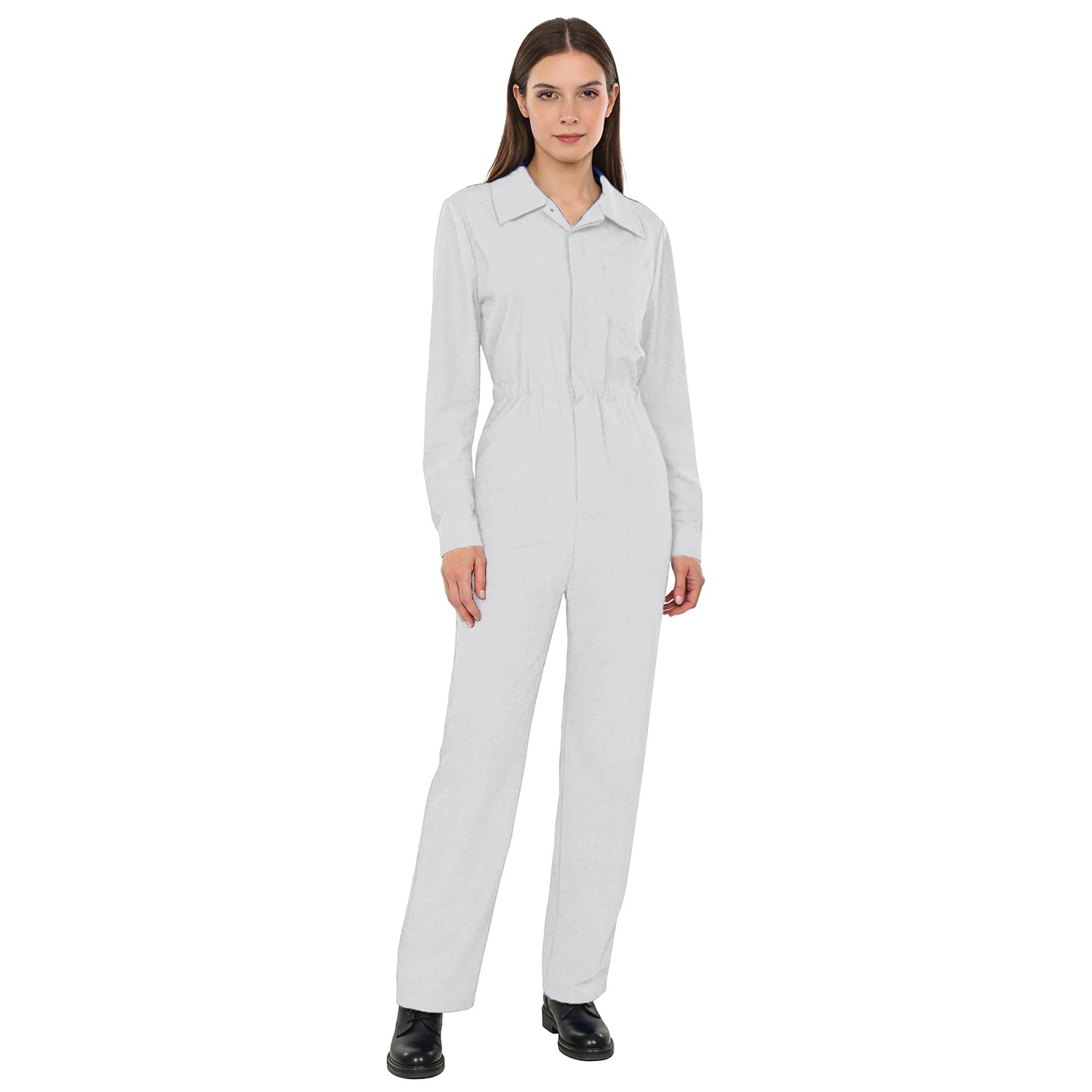 Womens Coverall Solid Color Turn-Down Collar Long Sleeve Button Jumpsuit Mechanic Work Overalls Fashion Casual Cargo Rompers