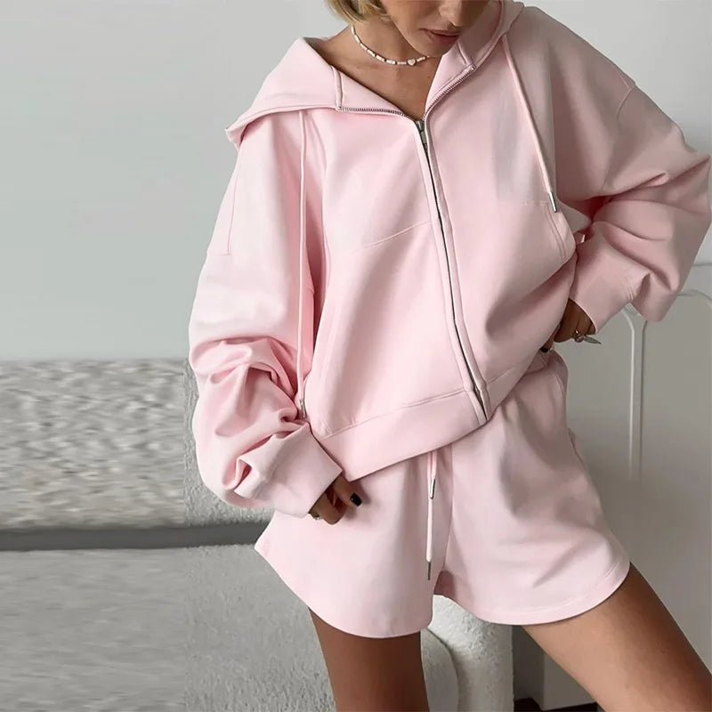 Fashion Women's Hoodie Shorts Pants Long Sleeve Pocket Lace Up Short Pants Lady Set 2025 Summer Autumn Casual 2 Piece Set Women