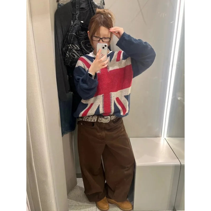 Y2K Unisex Union Jack Sweater, British Flag Graphic Long Sleeve Top, Casual Oversized Streetwear Knitted Jumper