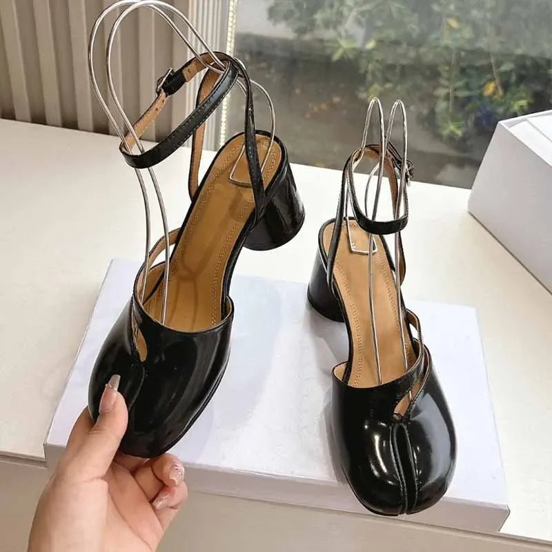 New Fashion Patent Leather Cross Belt Tabi Women's Pumps Spring and Summer Slingbags Split Toe Thick High Heels Chunky Shoes