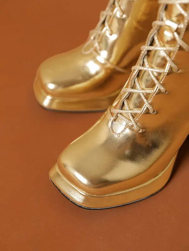 Big Size 45 46 Women Shoes Winter Fall Warm Lace-up Chunky High Heels Metallic Gold Silver Knee-high Riding Platform Goth Boots