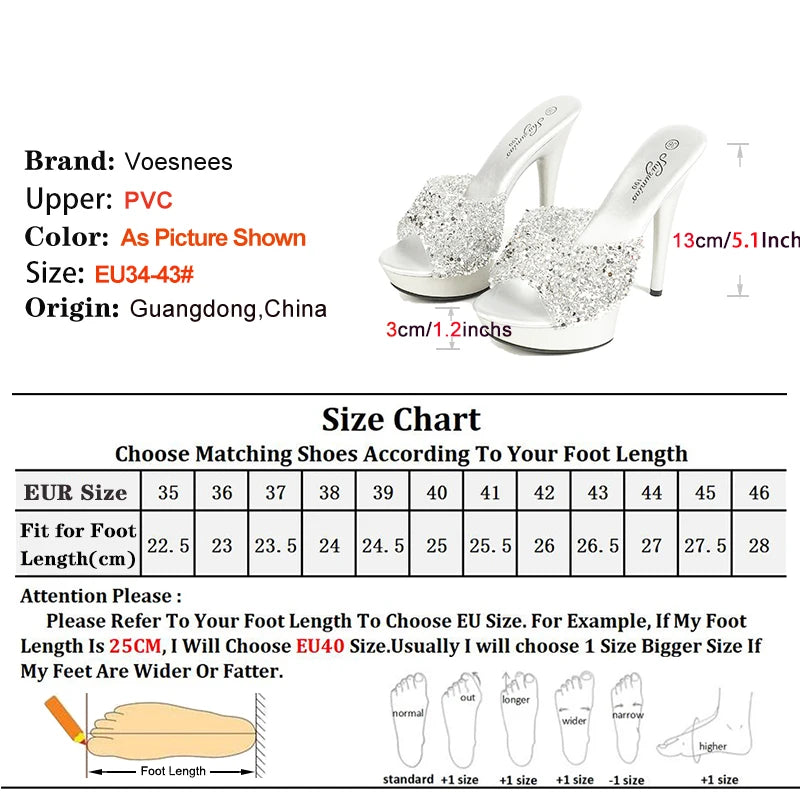 Street Style Fashion Women Shoes 13CM Stiletto Slide Sandals Shiny Sequin Party High Heels 2024 New Summer Thick Bottom Slippers