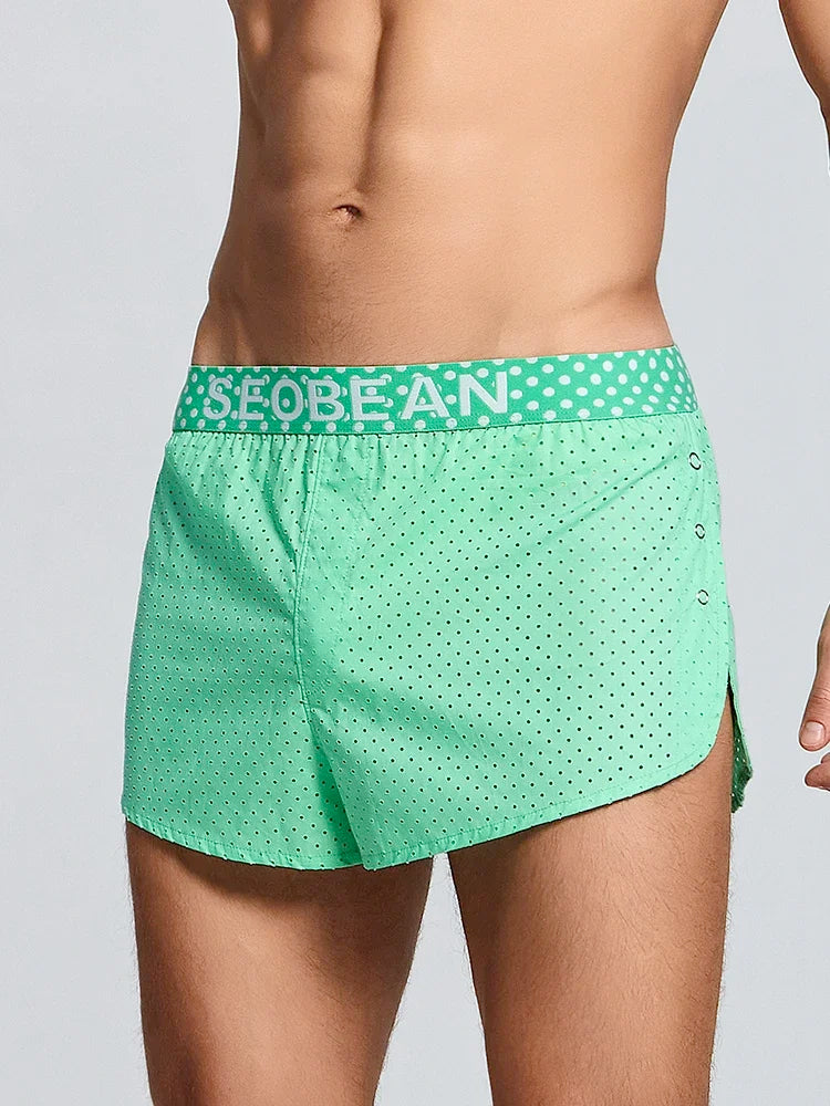 Summer new woven pure cotton Aro pants with side split button design, breathable mesh single-layer sleeping pants for men