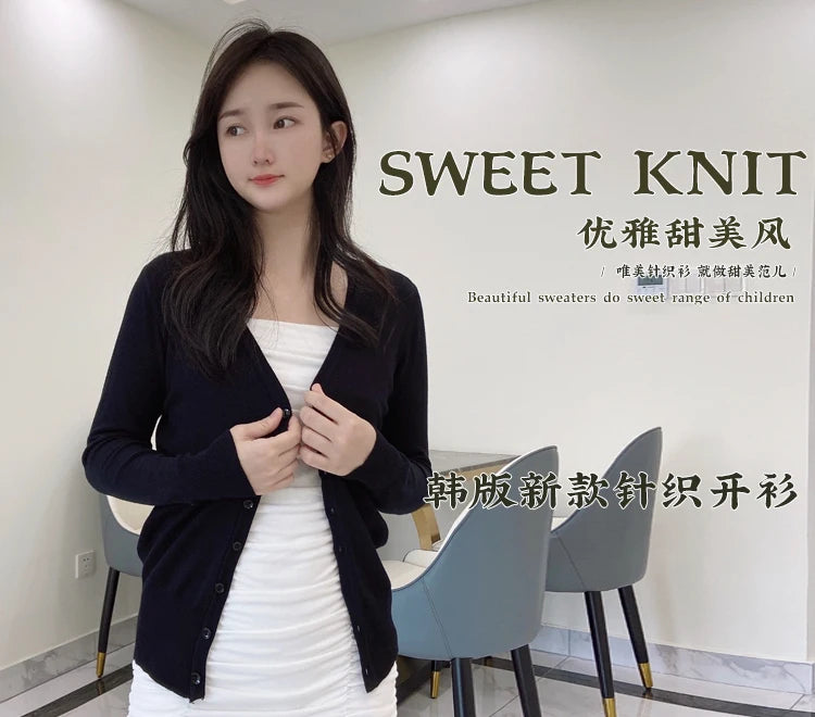 Korean Fashion Black Cropped Blouses Cardigan Female Clothing Sweaters Jersey Long Sleeve Top Women's Coat Spring 2025 Style