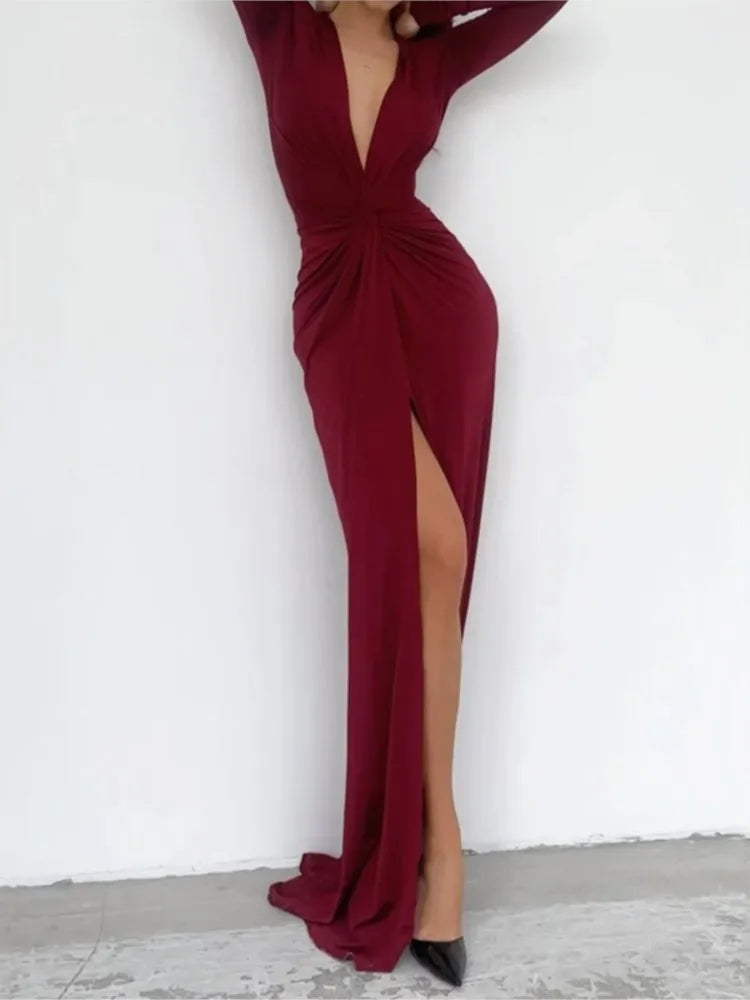Women Maxi Dress Autumn 2023 New Fashion Sexy Slit V Neck Long Sleeve Solid Slim Pleated Evening Party Prom Dresses