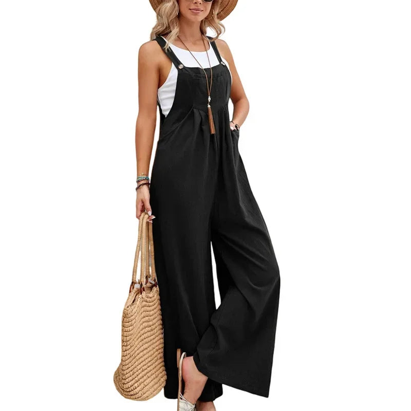 Women Summer Autumn Casual Straps Jumpsuits Elegant High Waist Wide Leg Trousers Harajuku Sleeveless Rompers Streetwear Overalls