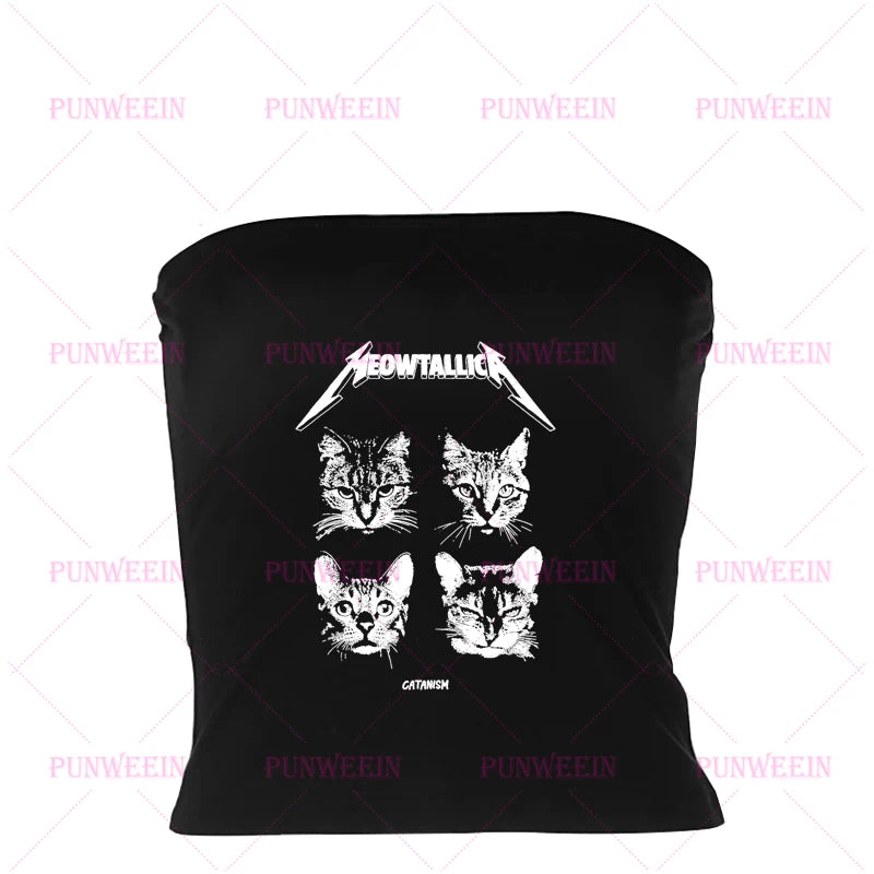 Punk Subculture cat Graphic print vibe Women Slim crop top Gothic band Vintage Baby Tees Sexy vest 90s Y2k vibe Style Streetwear
