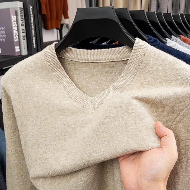 2026 Men's V-Neck Basic Solid Color Sweatshirt Warm Autumn Knitted Oversize Pullover Elastic round Neck Sweater for Casual Wear BAZAARHUBO