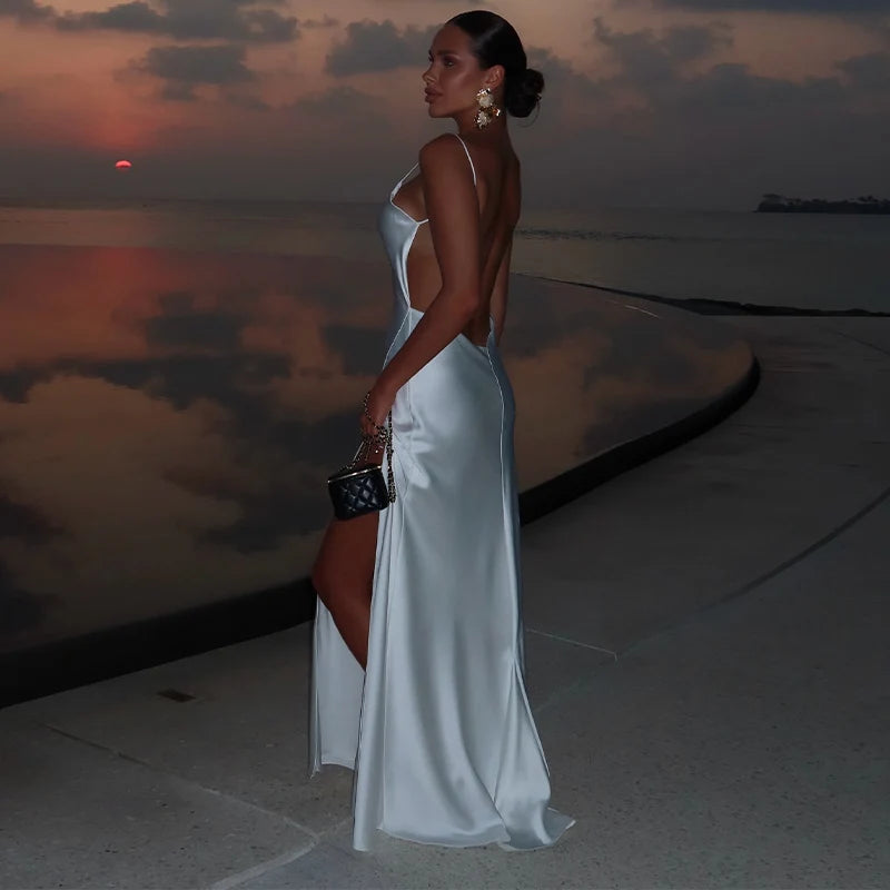 Sexy Backless Satin Women's Summer Dress V-neck Sleeveless Backless Slit Beach Sling Sundress 2026 Lady Chic Evening Party Robes