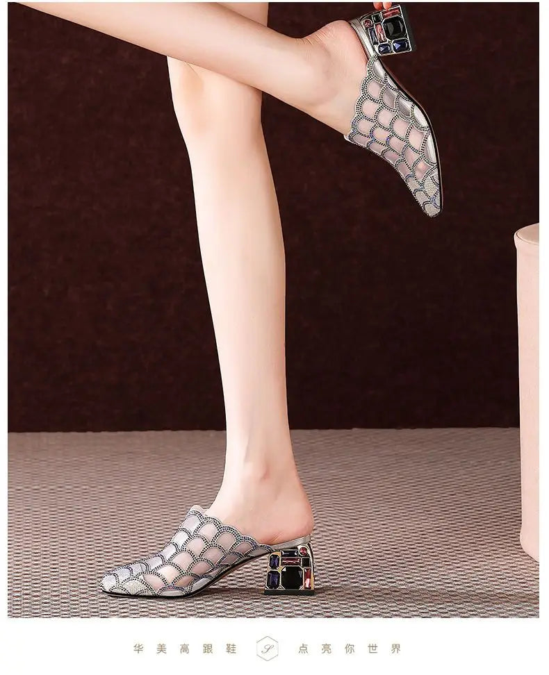 Crystal Half Slippers Female Thick Heels 2023 New Summer Fashion Outside Wear Medium Heel Mesh Cool Female Soft  Baotou Sandals