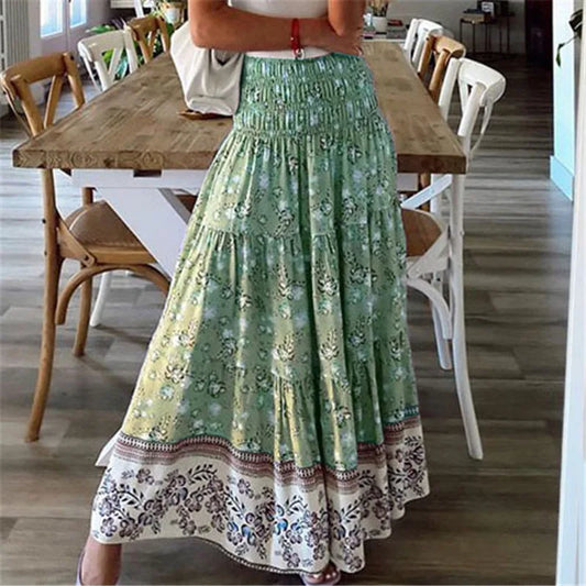 Fashion Women Skirts New Casual All-match Skirt Loose Elastic Waist Floral Print Ethenic Style Boho Skirt Bohemian Style Skirt