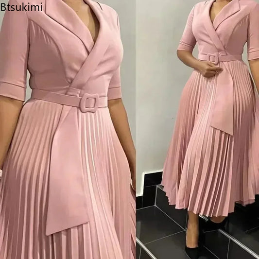 New Dashiki African Dresses for Women Spring Autumn Elegant Half Sleeve V-neck Pleated OL Style Midi Dress African Clothes Femme