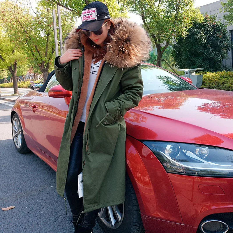 Maomaokong Winter Woman Natural Fur Overcoat Plus Size Black Parkas Raccoon Real Fur Lining Extra Larg Warm Jacket Coats Long