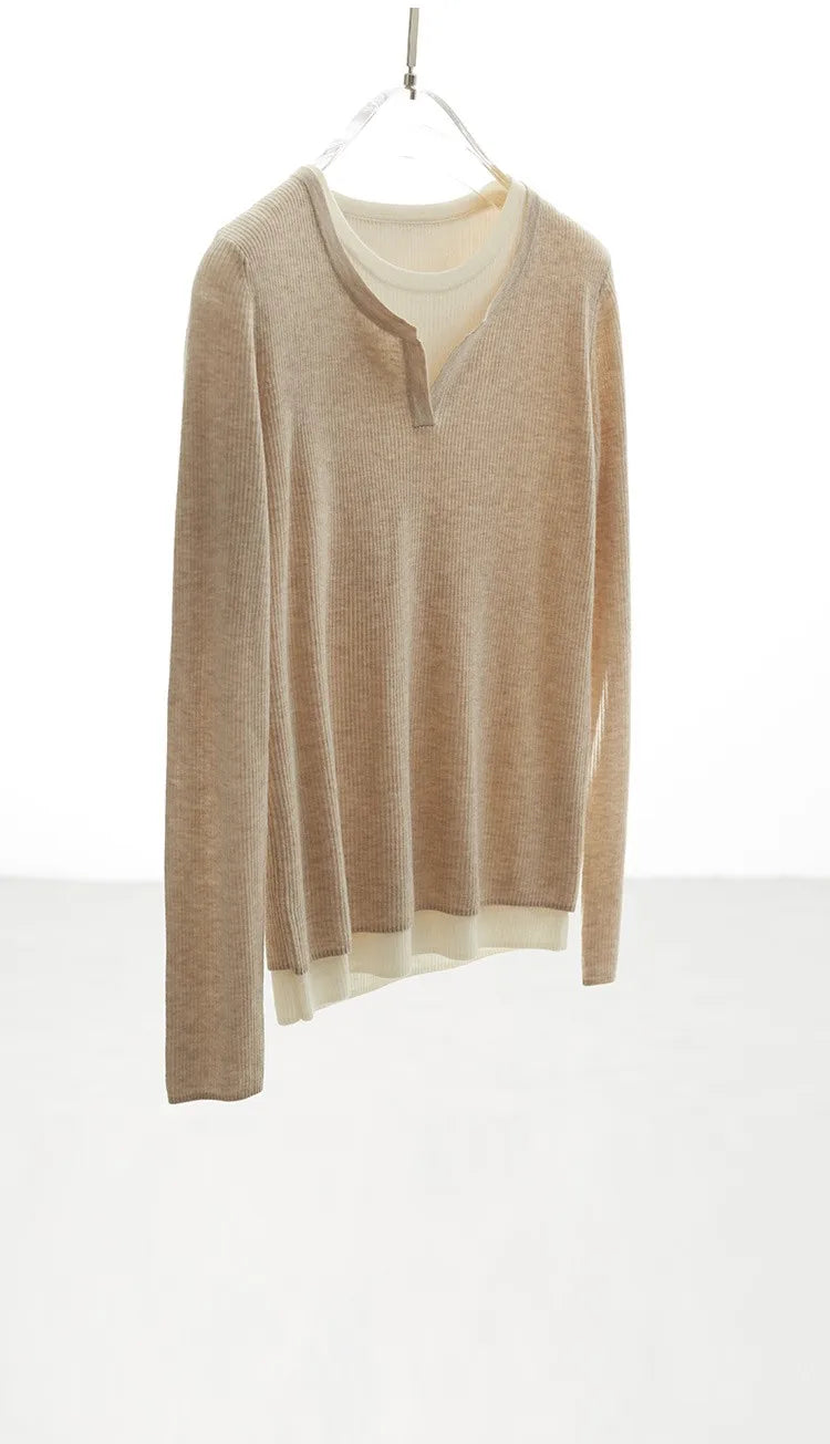 Super Comfortable to Wear~ 2025 Autumn and Winter New Style Faux Two-Piece Knit Sweater for Women, High-End Wool Sweater Top