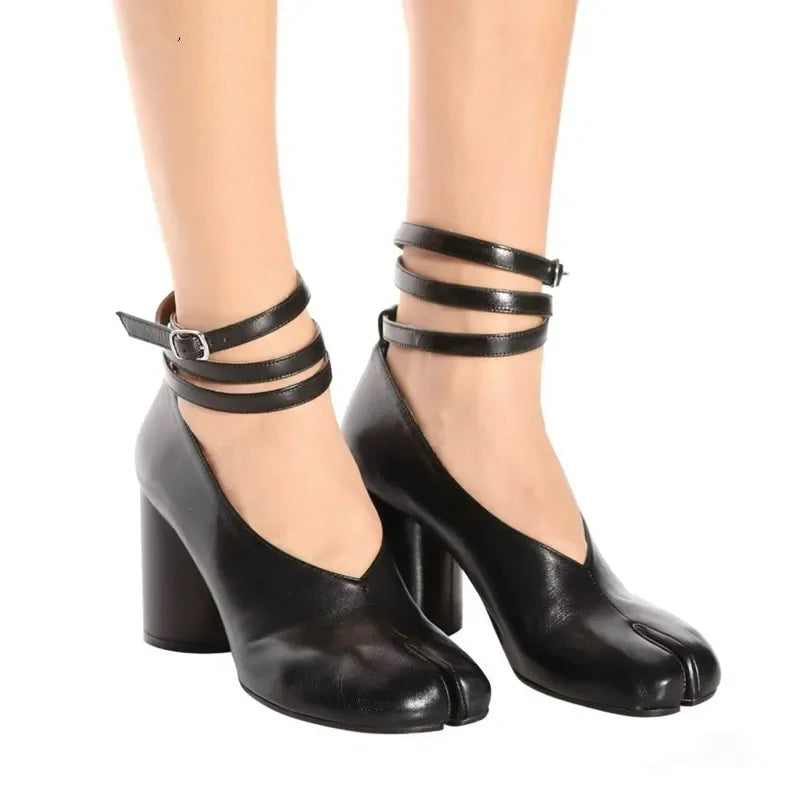 Vintage Spring Fashion Slipt Toe Tabi Women Pumps Chunky Round Heeled Ankle Strap High Heels Patent Leather Party Shoes