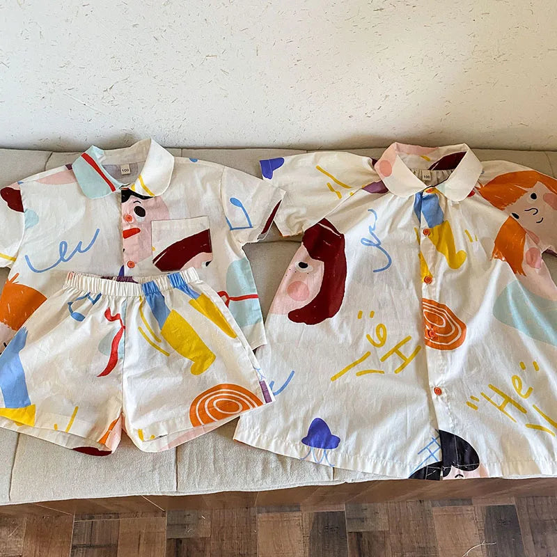 Loose Fit Summer Kids Clothes Set Girls Cute Graffiti Dress Boys Short Sleeved Shirt Children Thin Brother Sisters Outwear Suit
