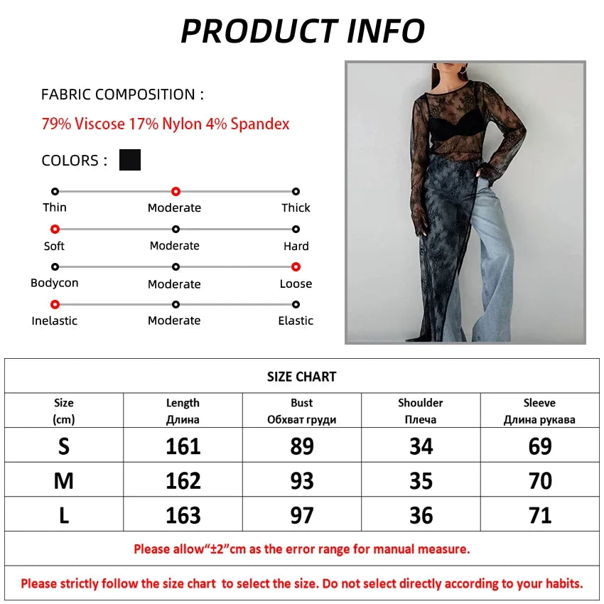 Fashion Perspective Sexy Long Blouses O-Neck Women Long Sleeve Irregular Lace Pullover Tops High Street Female 2024