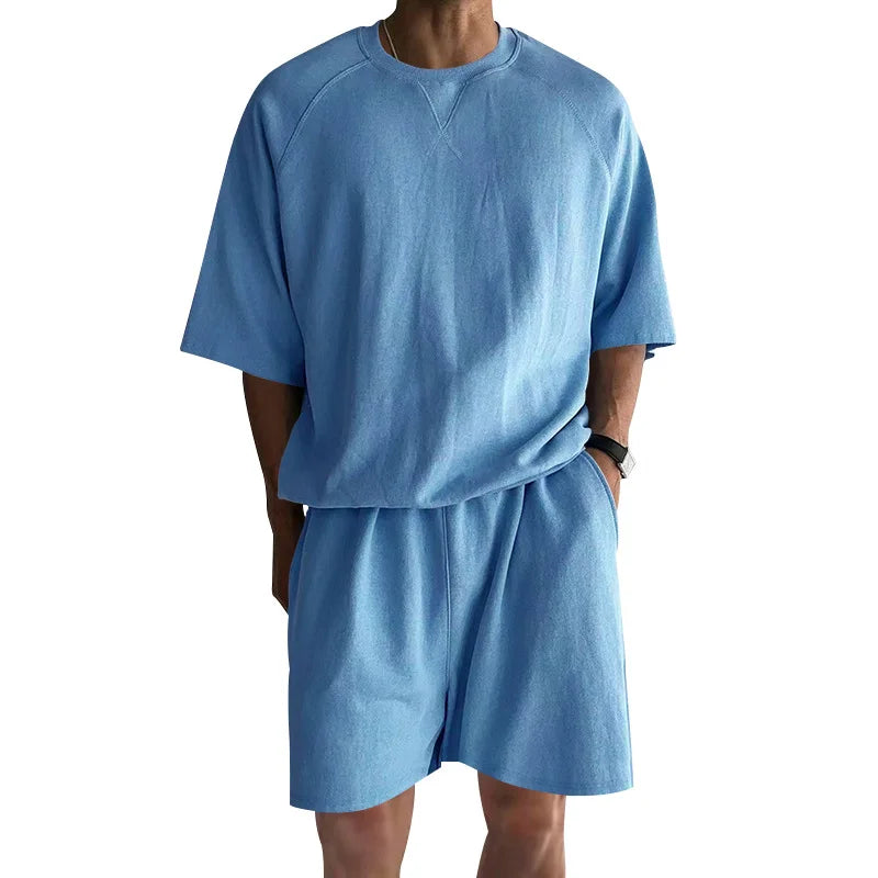 New 2026 Summer Men's Two Piece Sets Casual Loose Short Sleeve O Neck Tees and Shorts Tracksuits Men Stylish Solid Color Suits
