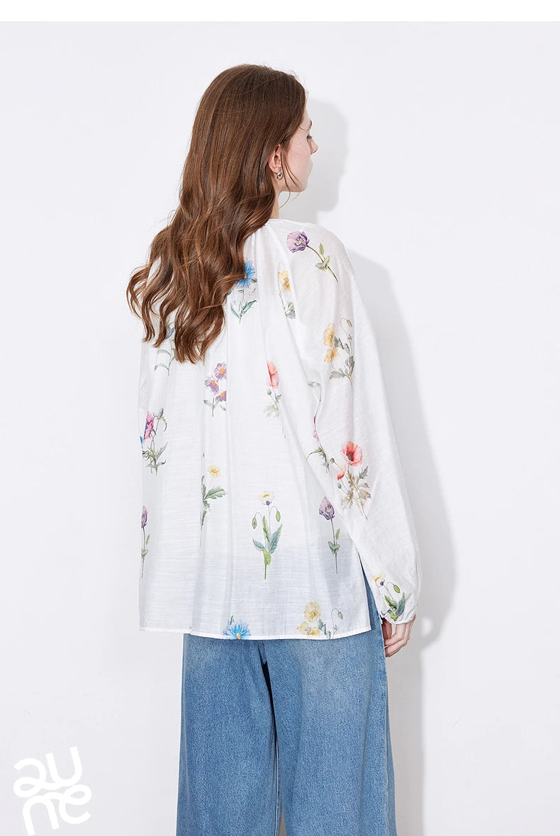 TOYOUTH Women Blouse Shirt 2025 Spring New Linen Floral Printed Velvet Casual Pullover Tops