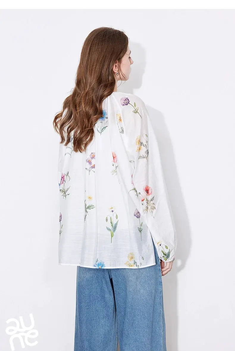 TOYOUTH Women Blouse Shirt 2025 Spring New Linen Floral Printed Velvet Casual Pullover Tops BAZAARHUBO