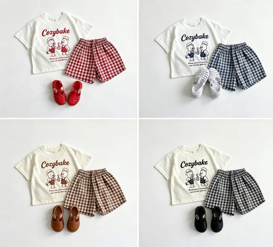Children Casual Bear Print Short Sleeve T Shirt And Gingham Shorts Set Two Piece Outfit For Toddler Boys And Girls Summer Wear