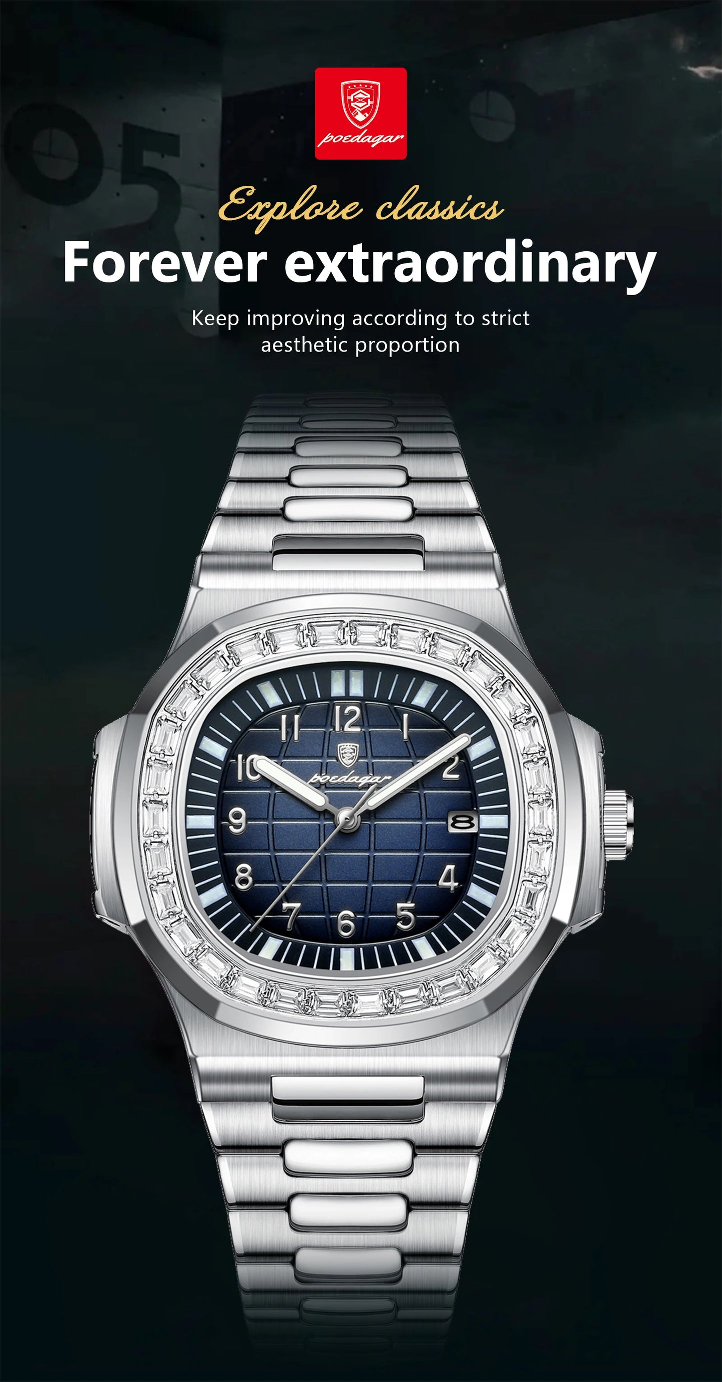 POEDAGAR Luxury Square Man Watches Waterproof Luminous Date Men Wristwatch Casual Male Clock Stainless Steel Men's Quartz Watch