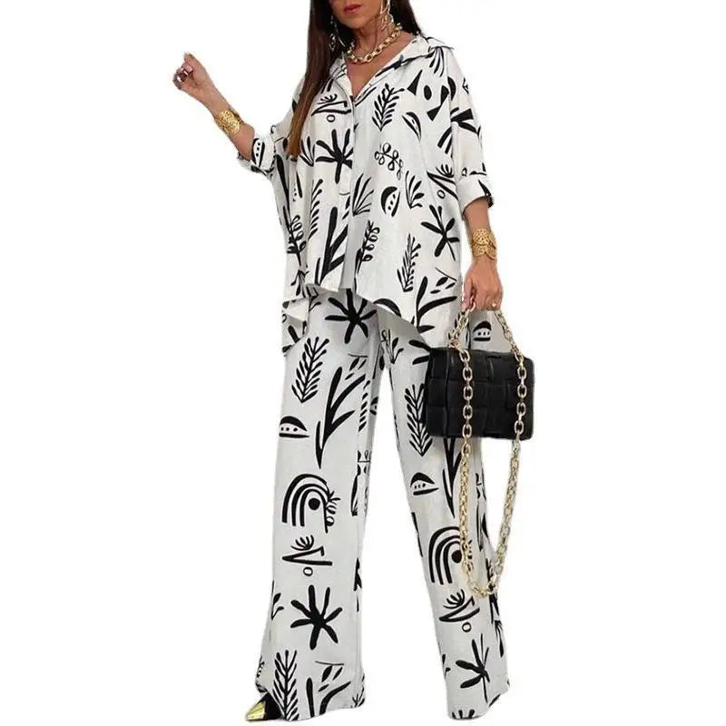Summer Fashion New Printed Women's Set Printed Pattern Flip Collar Open Single Breasted Top Wide Leg Pants Elegant Two Piece Set