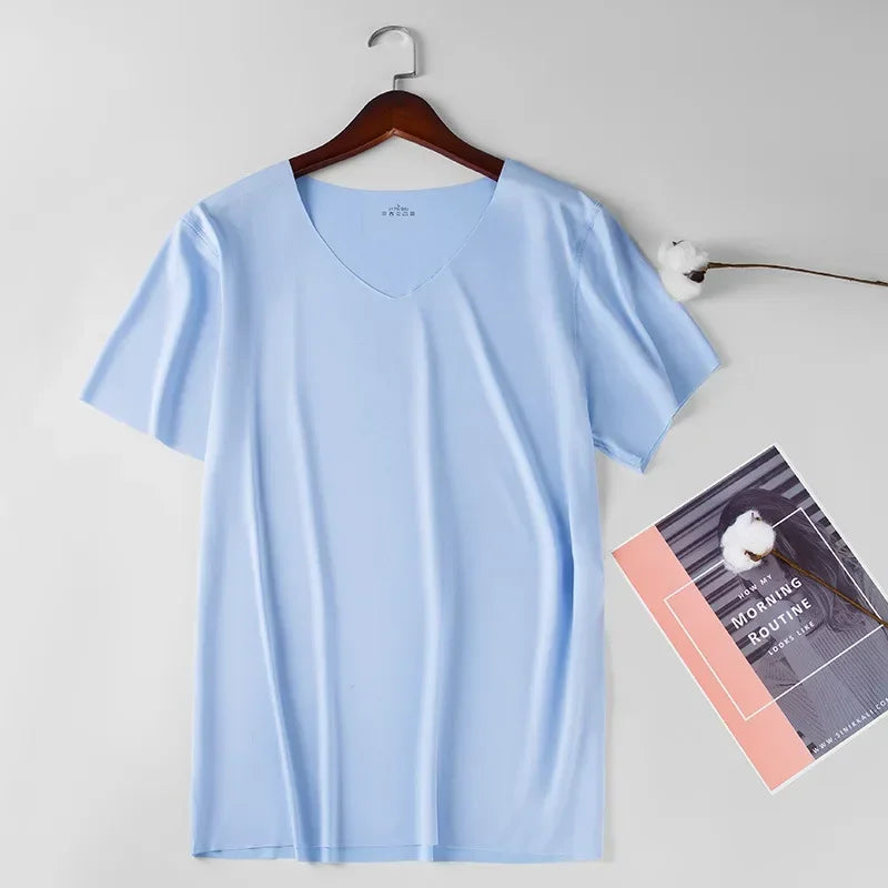 Ice Silk Men T-shirts Summer Seamless Sport Underwear Casual V-neck Thin T-shirts Quick Dry Shirt Tops Bottoming Shirt for Men