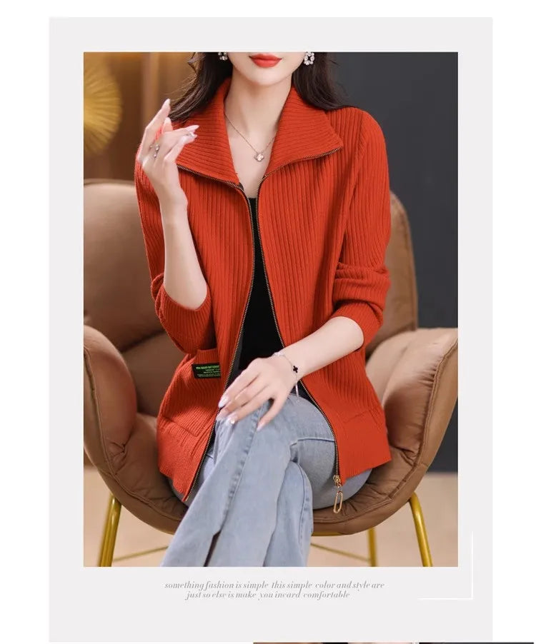 Knitted Cardigan Jacket Women Zipper Lapel Sweater Autumn Winter Outerwear