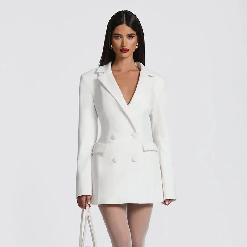 Chic Waist Cinching Women Mini Dress Fashion Full Sleeve Deep V-neck Double Breasted Short Dresses Lady Daily Party Street Gown