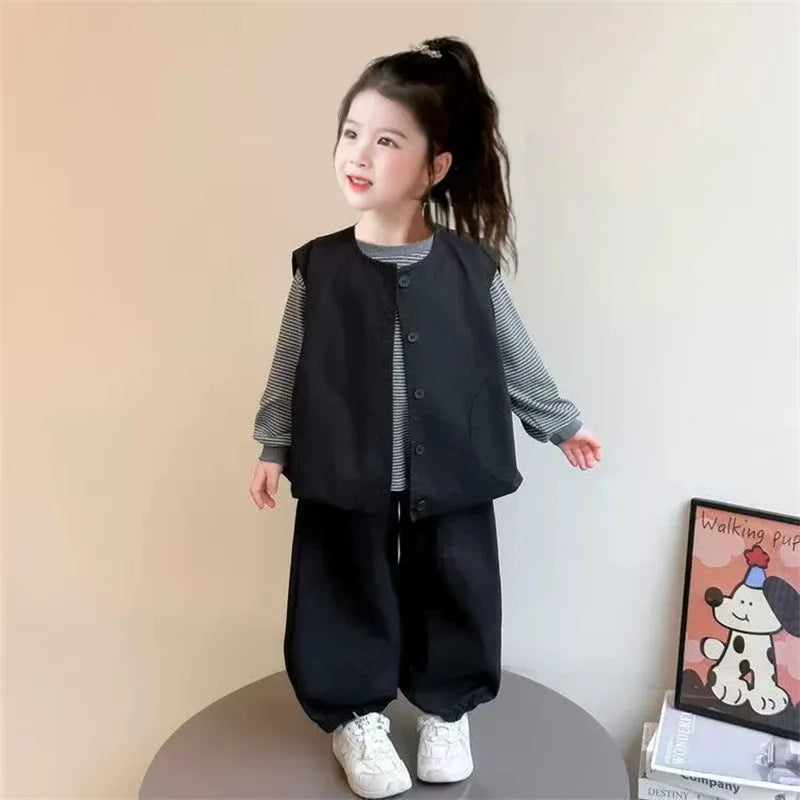Boys' Fashion Set Spring Girls' Suit Children's Striped Top Vest  Trousers 3Pcs New Kids Casual Loose Outfits Autumn Clothing