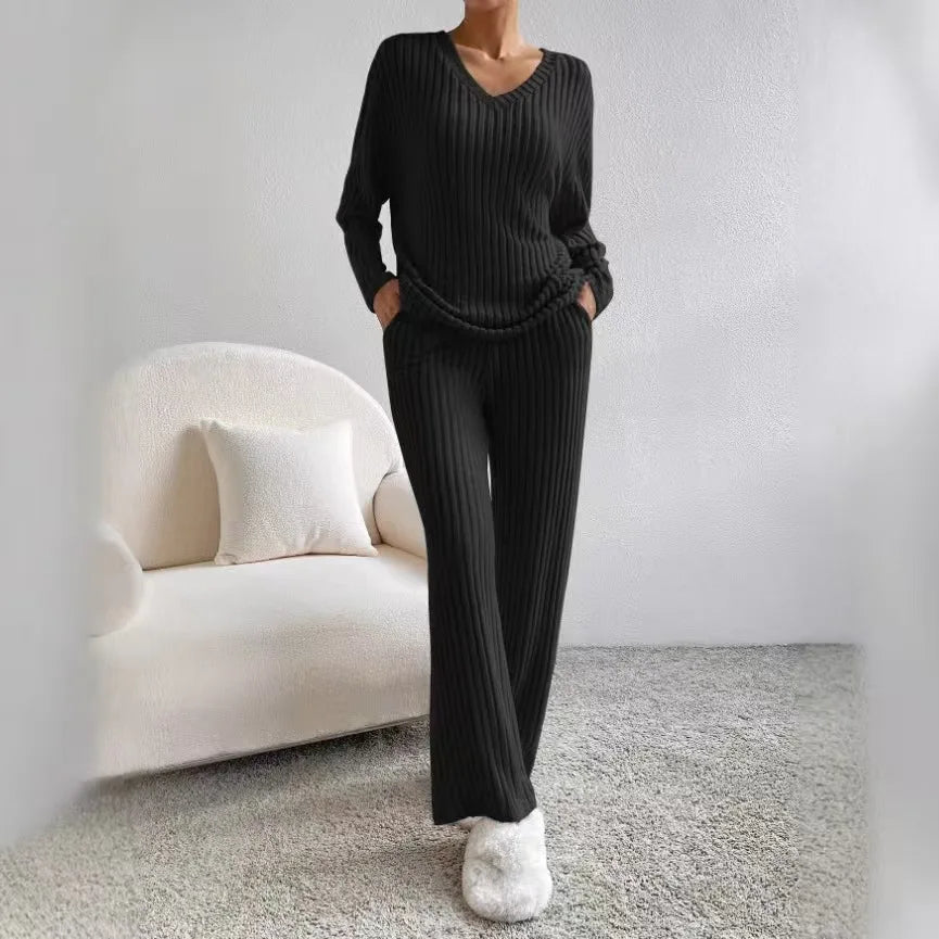 Fashionable Knitted Two-Piece Set Casual V-Neck Long Pants Autumn Winter New Style Loose Fit Korean Style Comfortable Polyester