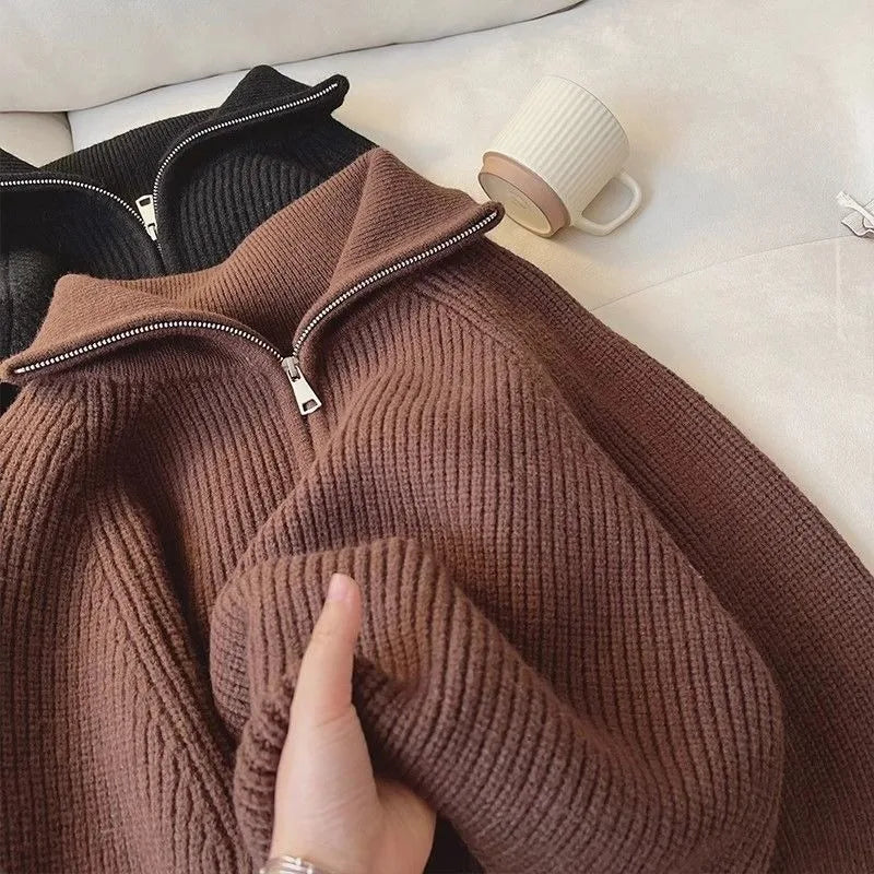 2024 Autumn New Korean Style Versatile Basics Half-zipper Loose Lapel Winter Long-sleeved Lazy Sweater Pullover Top