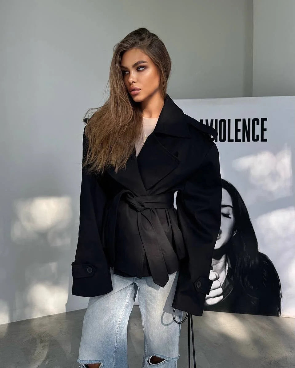 Lace Up Cropped Trench Coat Fashion Women Lapel Long Sleeves Wide Shoulder Windbreaker Jacket Lady 2026 Spring Commuting Outwear