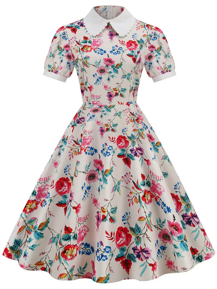 Women Vintage Dress Floral Print Peter pan Collar Elegant Party Dress Puff Short Sleeve Pin Up 50s Party Sundress 3XL