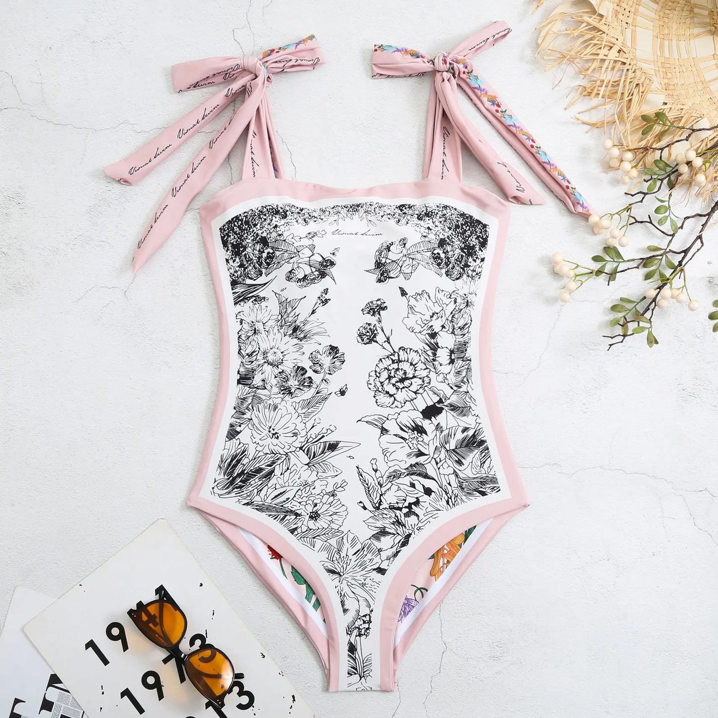Y2K Floral One Piece Swimsuit Reversible Tie Shoulder Monokini Tummy Control