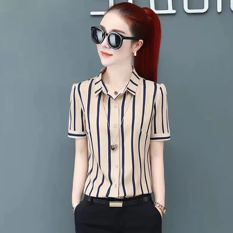 Fashion Women Spring Summer Style Blouses Shirts Lady Casual Office Work Wear OL Short Sleeve Striped Blusas Tops