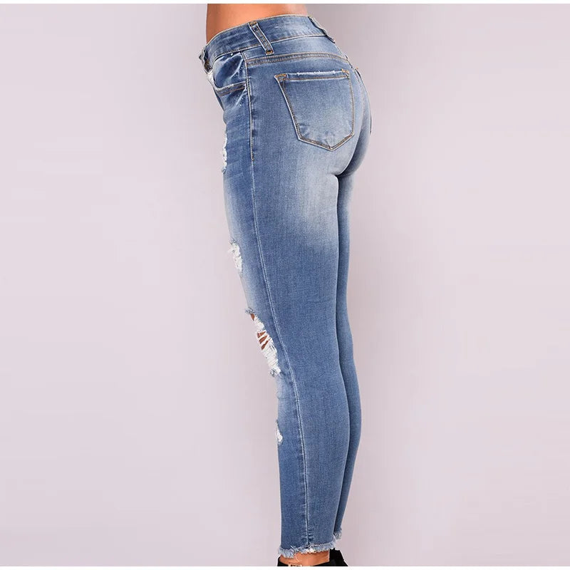 Women Ripped Jeans Low Waist Skinny Denim With Zipper Pockets Blue Y2K Summer