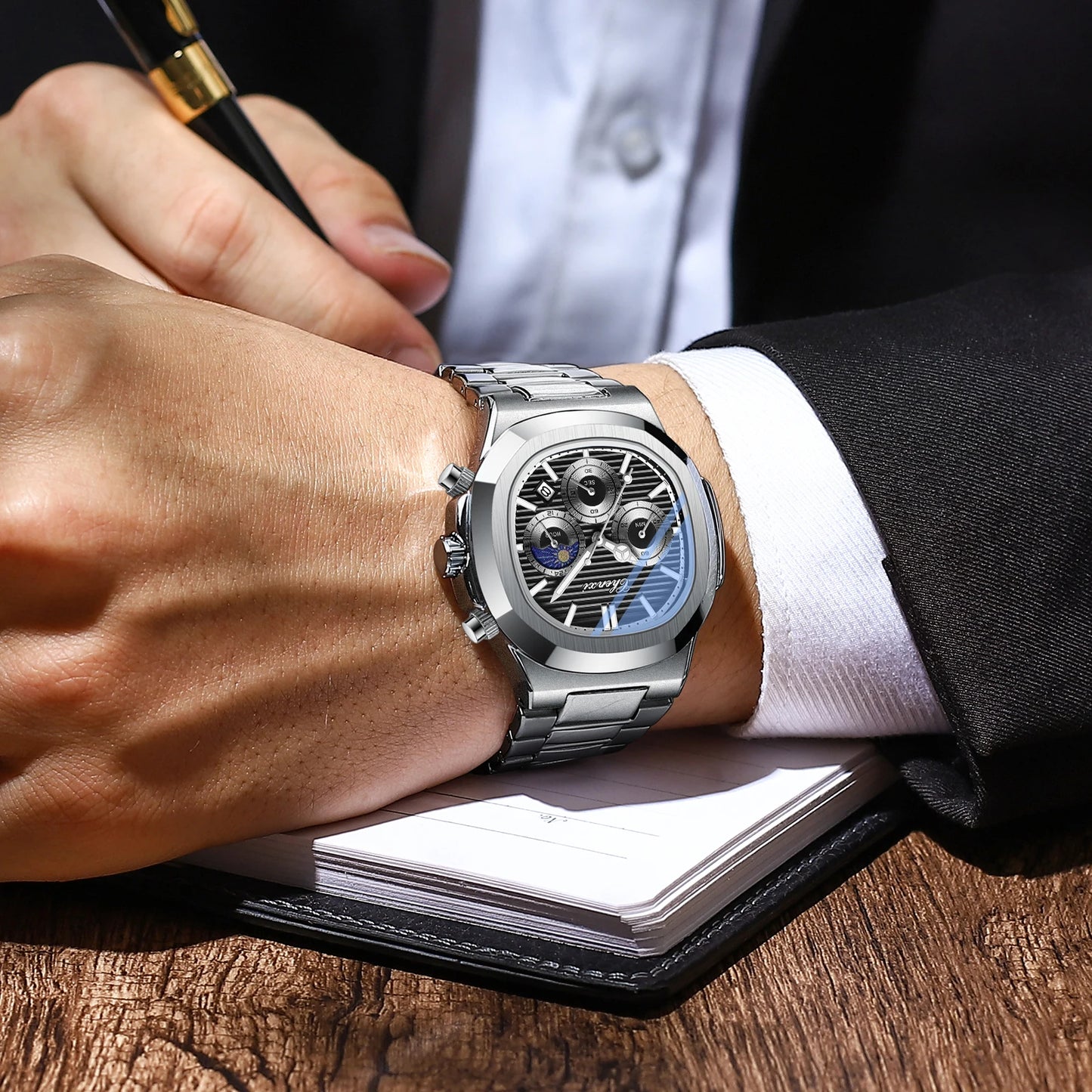 CHENXI Fashion Luxury Men's Watches Stainless Steel Quartz Movement Waterproof Calendar Moon Phase Chronograph Watch for Men