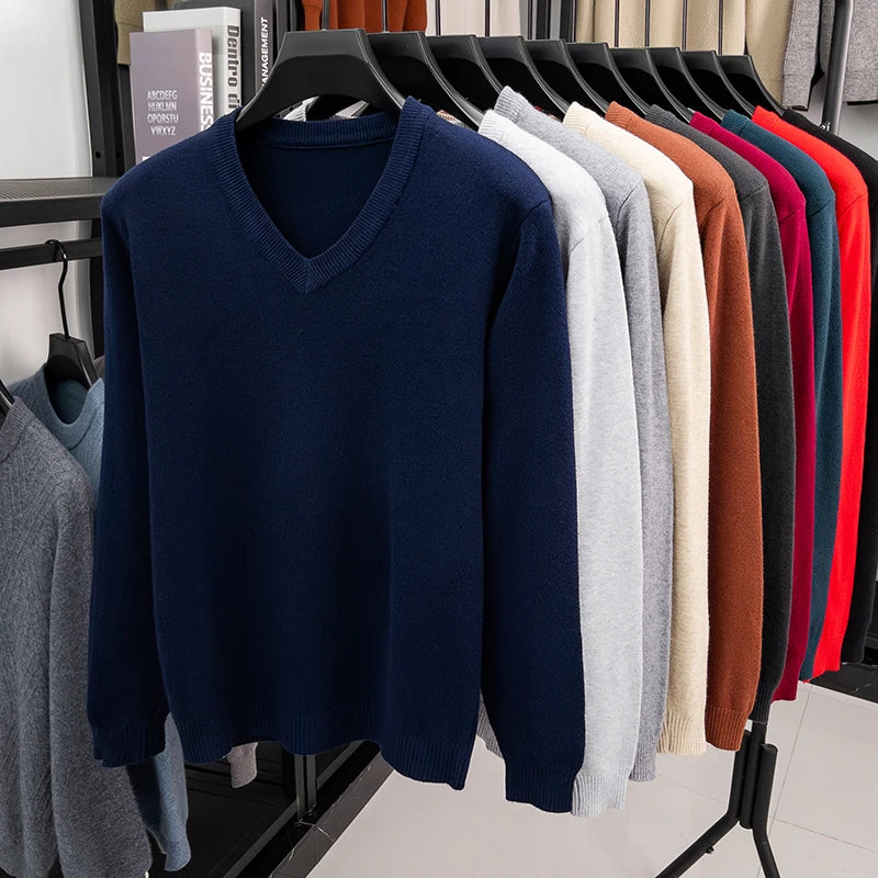 2026 Men's V-Neck Basic Solid Color Sweatshirt Warm Autumn Knitted Oversize Pullover Elastic round Neck Sweater for Casual Wear BAZAARHUBO