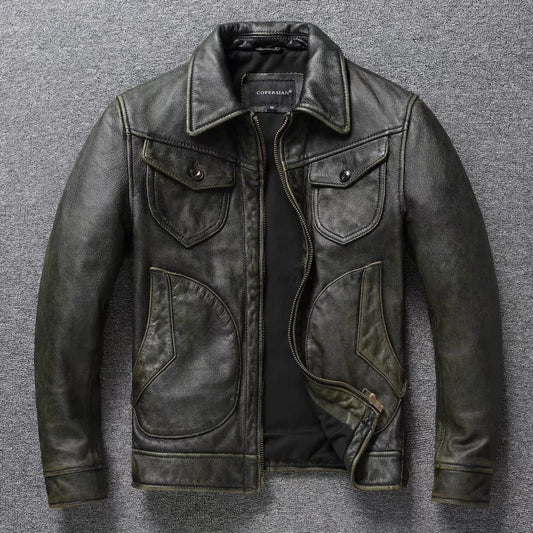 American Leather Jacket Men's Motorcycle Jacket Retro Distressed Graphite Olive Green Slim Lapel Jacket New Style
