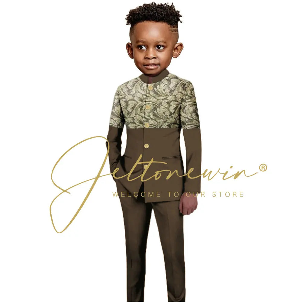 African Style Boys Suit Burgundy Gold Floral Jacket Pants 2 Piece Set Stand Collar Blazer Wedding Tuxedo Kids Formal Party Dress
