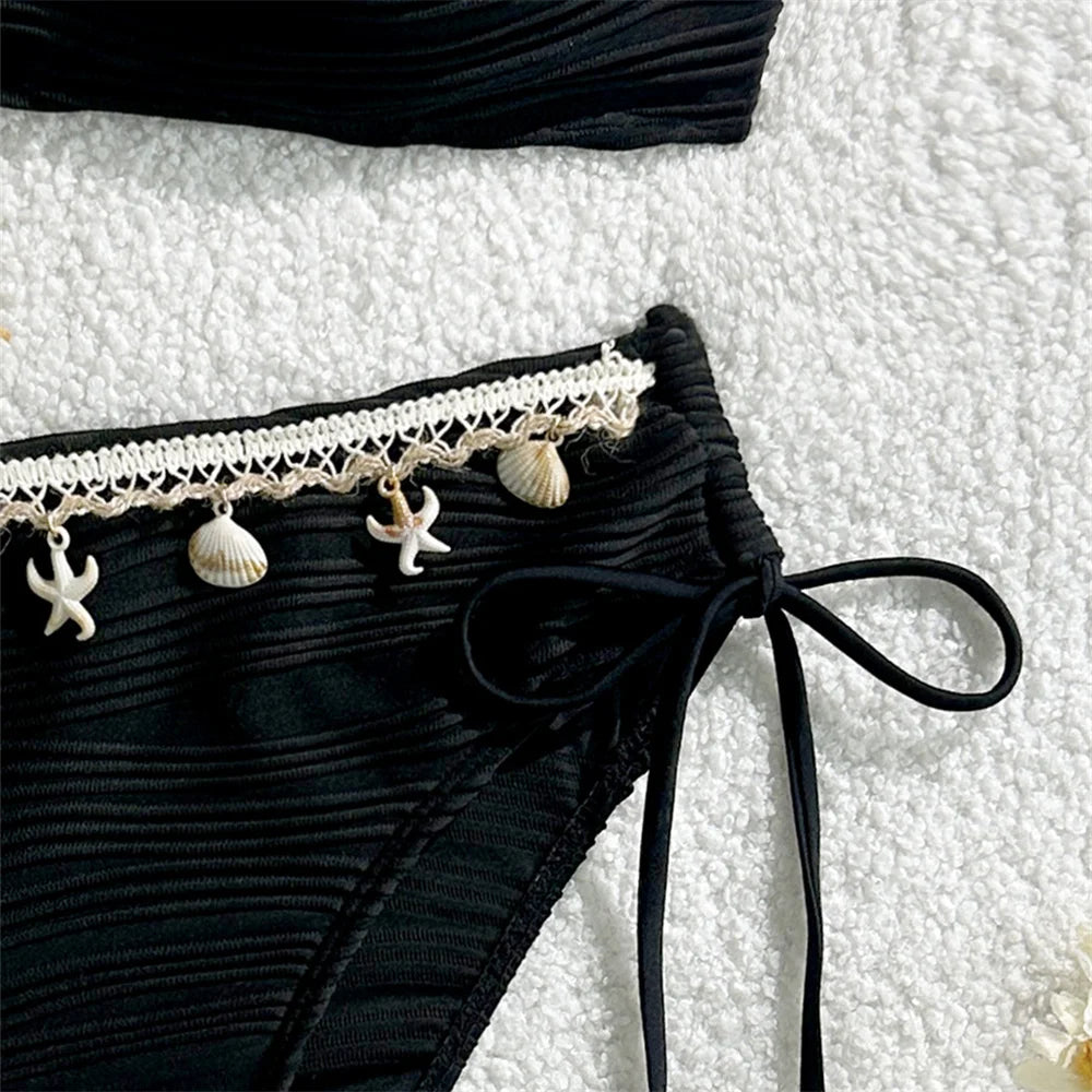 Vintage Black Bikini Star Border Shell Backless Lace Up Bandeau Swimsuit Women Boho Vacation Swimwears Beach Outfit Bathing Suit