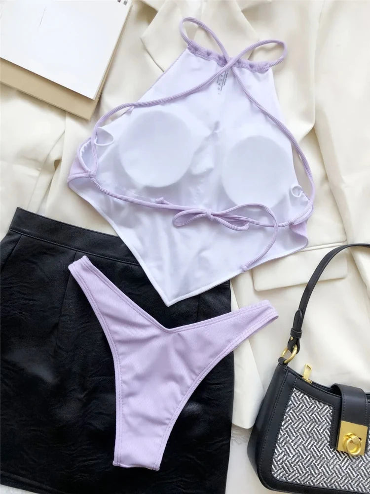 Sexy Halter Bandana Bikinis Set Swimwear Women Thong Swimsuits Backless Bathing Suit Bikini Mujer Swim Wear Biquini Summer