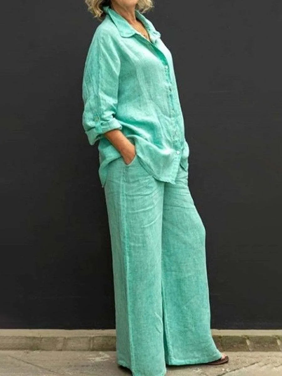 Spring Summer Women Lapel Long Sleeve Shirt High Waist Wide Leg Pants Set