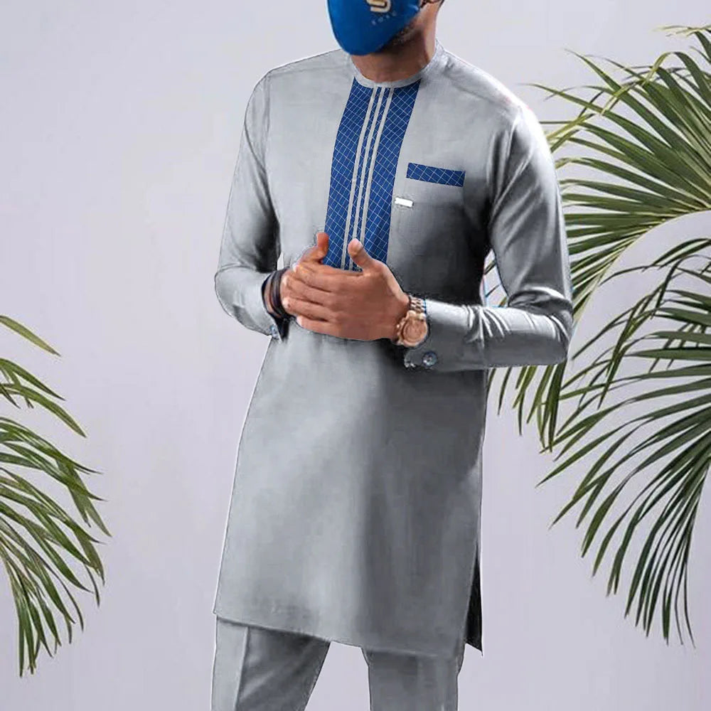African Traditional Man Outfit Men 2PCS Suits Long-sleeved Round Neck Male Sets Shirt Top Pant Ethnic Style Casual Wear clothing